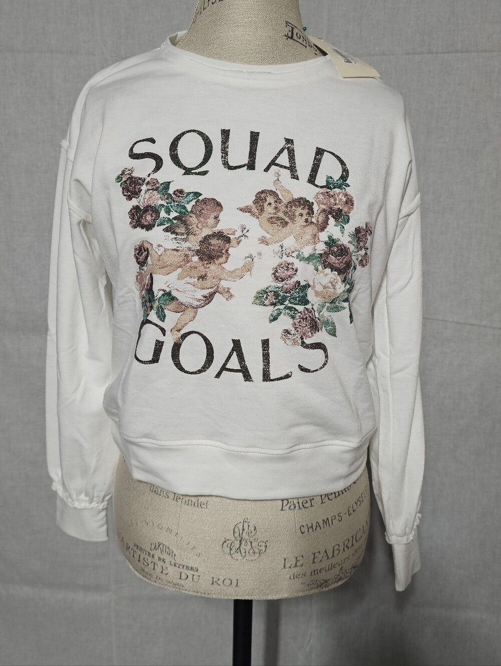 White 'Squad Goals' Floral Angel Graphic Sweatshirt